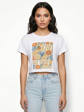 Love Las Vegas Nevada Floral Multicolored Print Crop Top T-shirt White Tee Med M